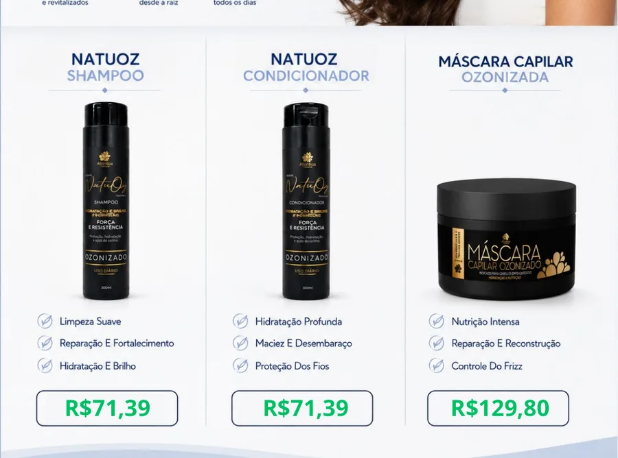 Linha Capilar Ozonizada com shampoo, condicionador e máscara capilar